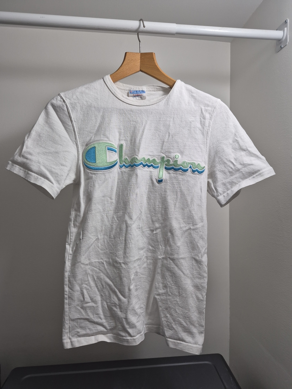 Champion White Tee with Blue-Green Embroided Script Logo